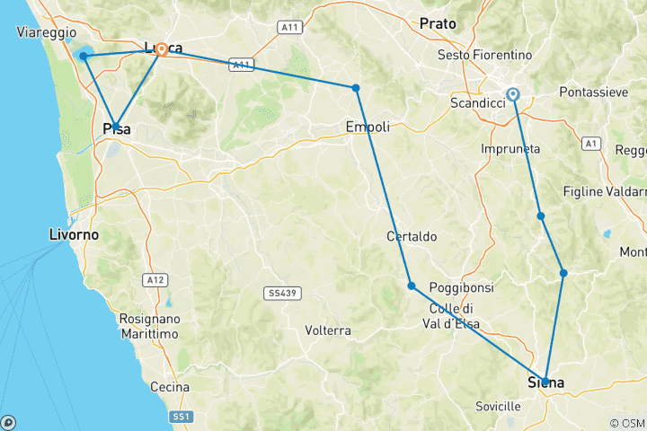 Kaart van Klassiek Toscane - Fietsen van Florence naar Pisa (8 dagen)