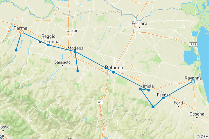 Karte von Grand Tour durch die Emilia-Romagna von Ravenna nach Parma (13 Tage)