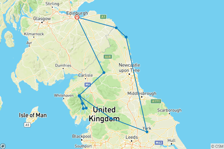 Map of York, Windermere & Hadrian's Wall - 5 days