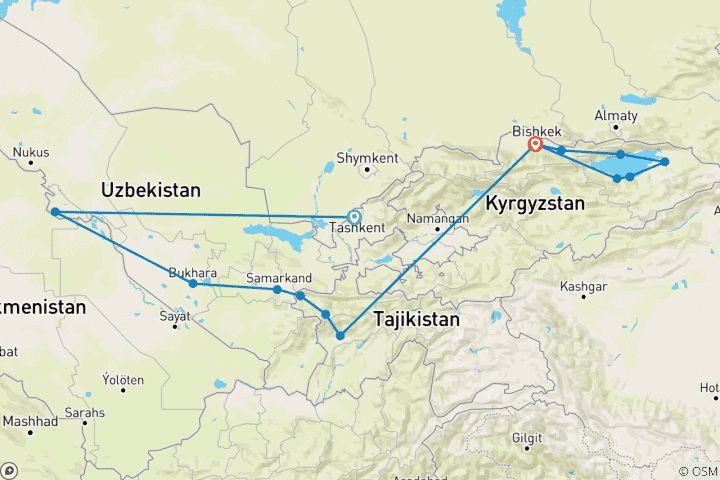Carte du circuit Circuit privé personnalisé de 16 jours en Ouzbékistan, Tadjikistan et Kirghizstan, avec guide complet
