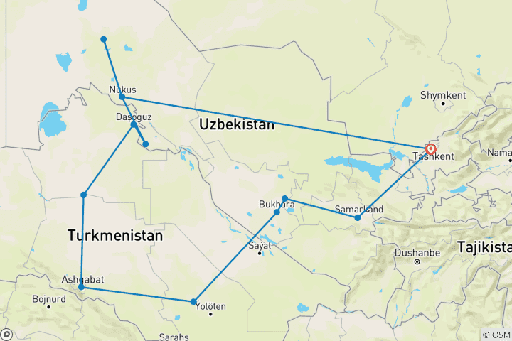 Mapa de Viaje en grupo combinado a Uzbekistán y Turkmenistán 2026