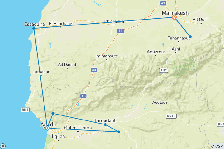 Mapa de Desde Agadir : Viaje de 7 días para descubrir Marruecos en familia: Agadir y Marrakech