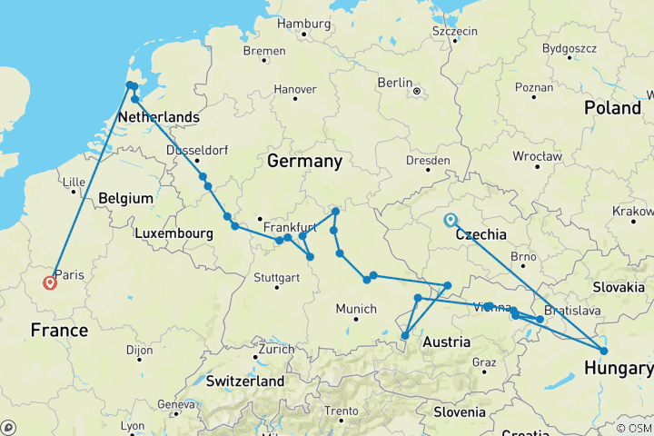 Carte du circuit Joyaux de l'Europe avec Prague et Paris 2027 - 21 jours