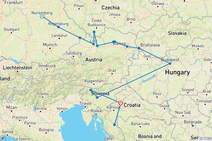 Kaart van Donau in de diepte met Ljubljana & Zagreb 2027 - 14 dagen (van Neurenberg naar Zagreb)
