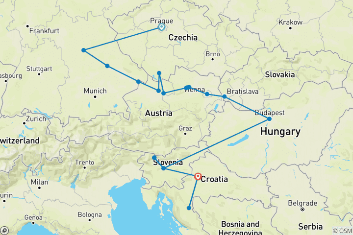 Kaart van Donau in de diepte met Praag, Ljubljana & Zagreb 2027