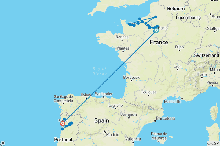 Carte du circuit Normandie & joyaux de la Seine & inoubliable Douro 2027 - 21 jours