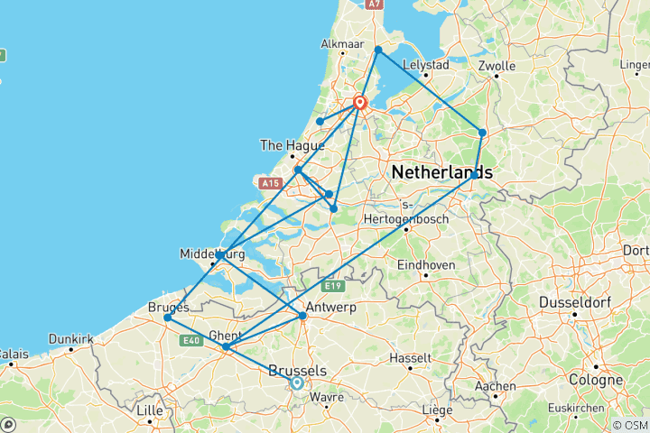 Mapa de Molinos de viento, tulipanes y delicias belgas con Brujas 2027 - 11 Días (from Bruselas to Amsterdam)