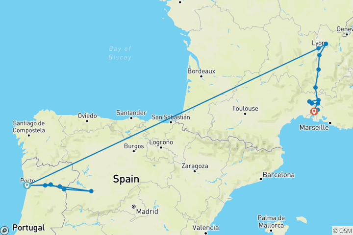 Karte von Entdecken Sie die Flüsse Douro & Rhone  - 15 Tage (von Porto bis Arles)