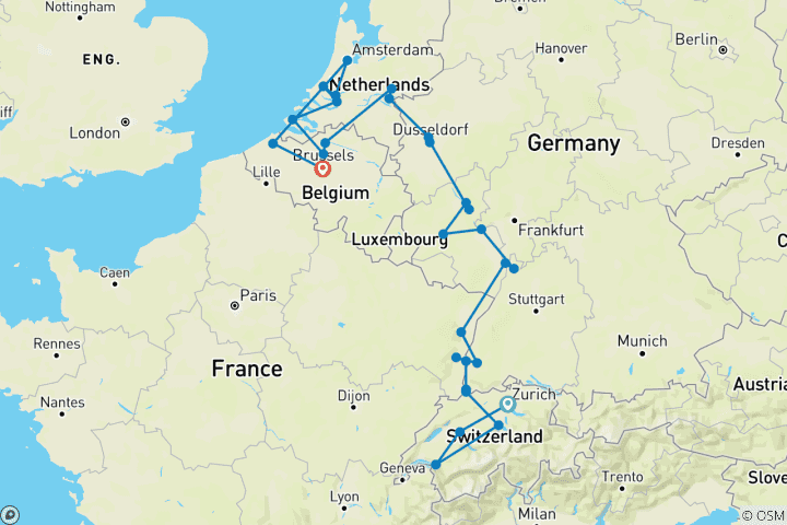 Map of Romantic Rhine & Moselle with Switzerland & Enchanting Belgium 2027 - 22 Days (from Zurich to Brussels)