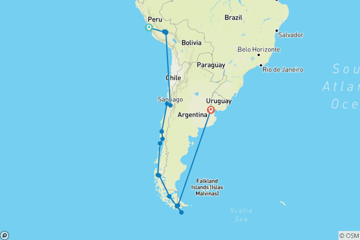 Carte du circuit Voyage du président à travers le Machu Picchu et les fjords chiliens - Croisière et voyage terrestre