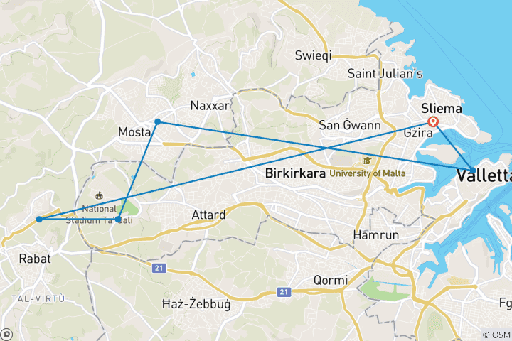 Carte du circuit Voyage sur l'île de Malte - 7 jours
