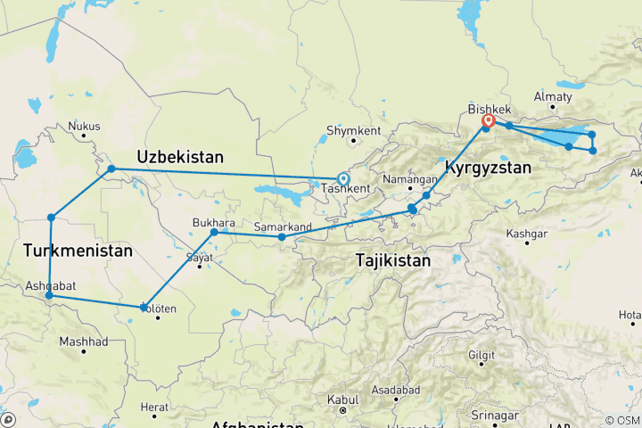 Carte du circuit Circuit privé personnalisé de 16 jours en Ouzbékistan, Turkménistan et Kirghizstan