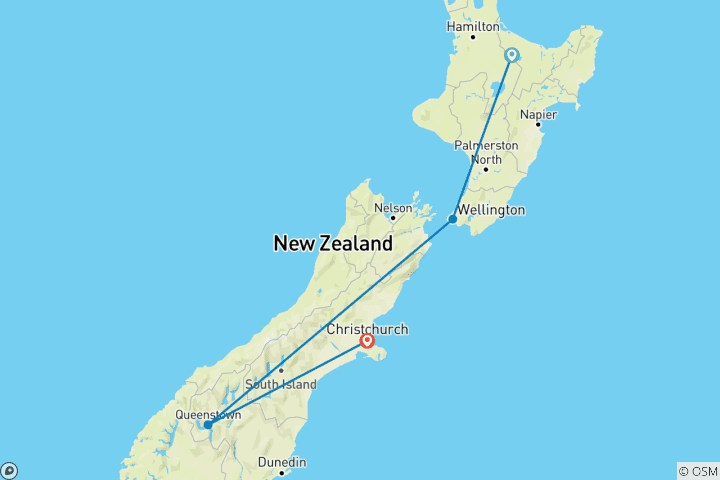Kaart van Scenic Nieuw-Zeeland: Lord of the Rings reis met panoramawonderen van Rotorua, Wellington & Queenstown