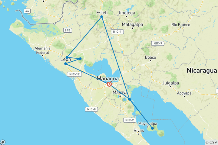Mapa de 9 días de Inmersión en Nicaragua: Cultura, Volcanes y Tradición