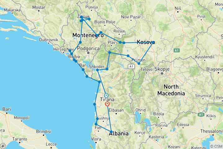 Kaart van Dwars door de Balkan (13 dagen)