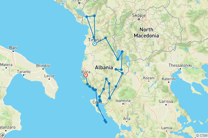 Kaart van Albanië en Corfu - Van de Balkan naar de Ionische Zee (12 dagen)