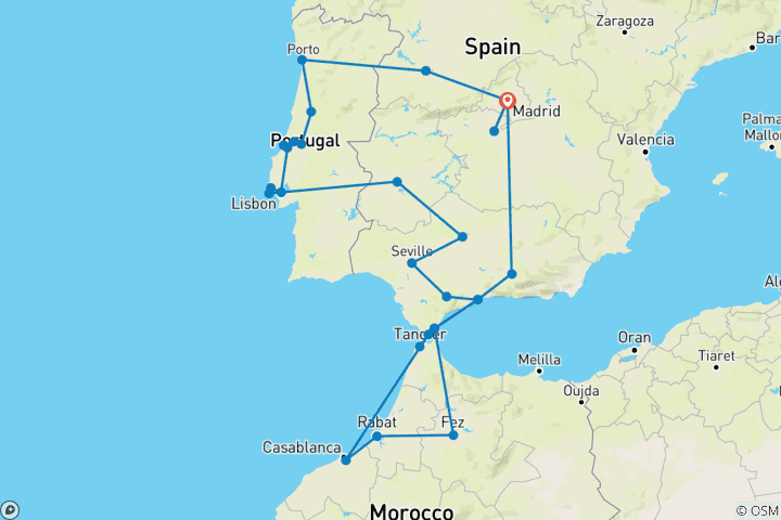 Kaart van Spanje, Portugal en Marokko Experience (Superieur) - 21 dagen
