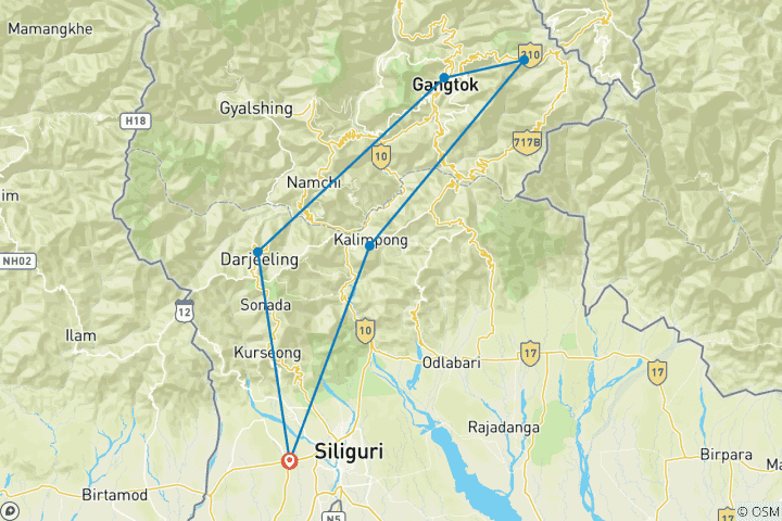 Kaart van Oostelijke Himalaya routes door G Experiences