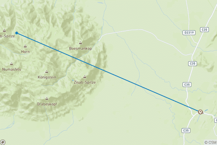 Kaart van De hoogste top van Namibië: 5-daagse trektocht met gids naar Königstein (2.573m) via White Lady Gorge
