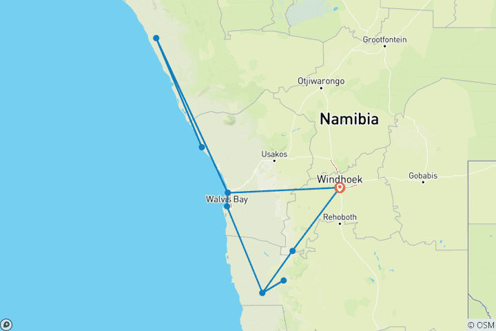 Kaart van Namibië Avontuurlijke Safari: Sossusvlei, Swakopmund & Skeleton Coast Tour 6 Dagen/5 Nachten