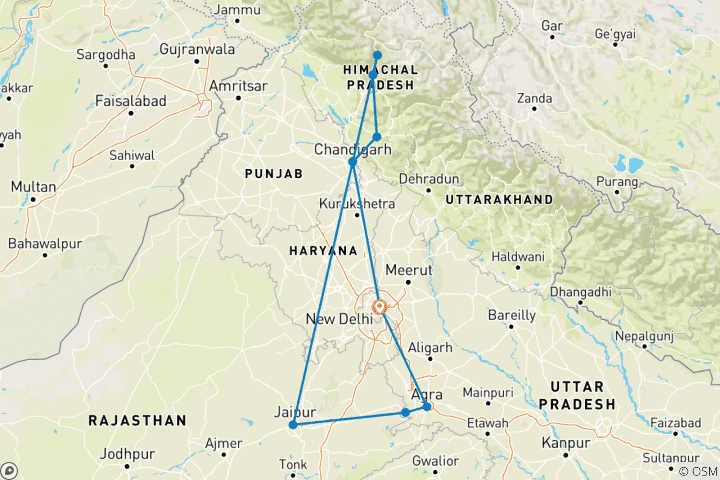 Map of Golden Triangle & Himachal Trails By G Experiences