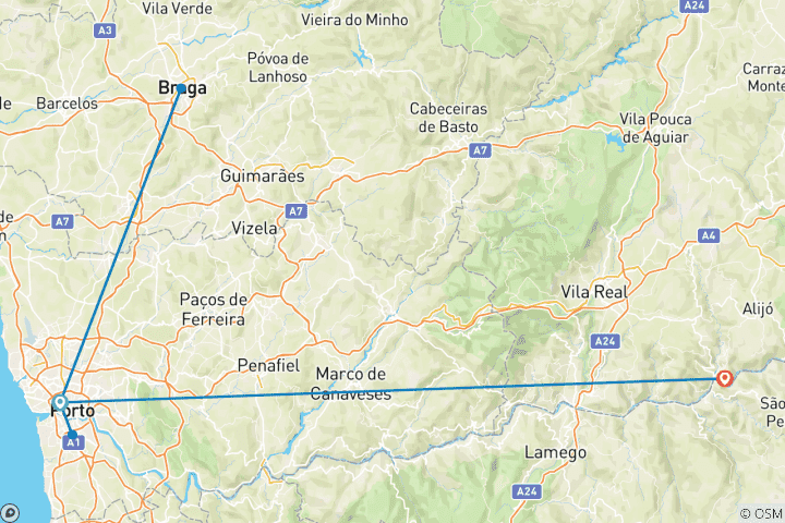 Kaart van 3-daagse eet- en wijnreis in kleine groep: Porto, Braga & Douro