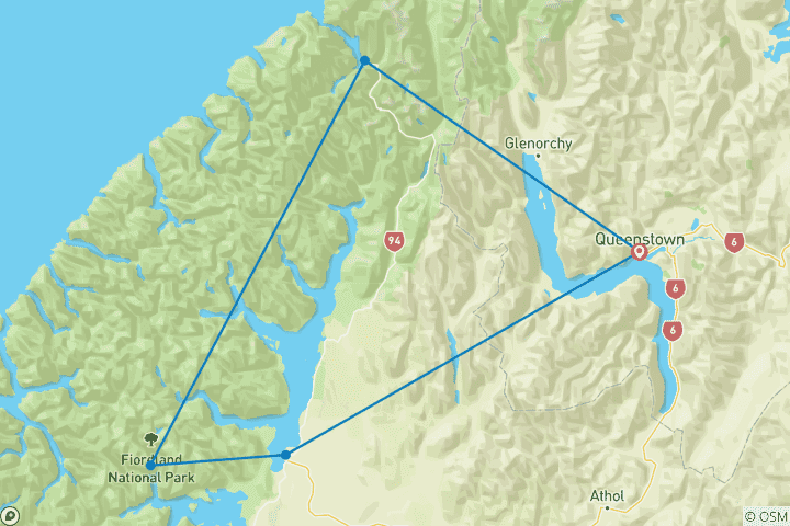 Carte du circuit Trek pédestre, vélo et kayak à Milford et dans le Fiordland