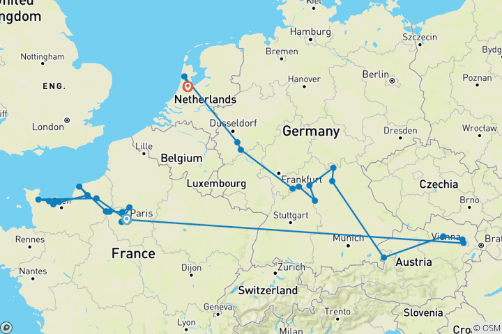 Kaart van Juwelen van Europa & Normandië & Juweeltjes van de Seine 2027 - 25 Dagen (van Parijs naar Amsterdam)