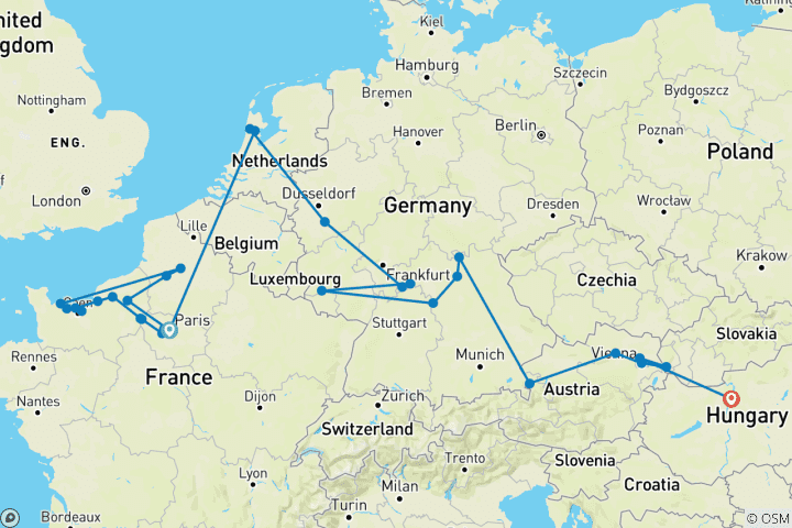 Mapa de Joyas de Europa & Normandía & Gemas del Sena 2027 - 25 Días (from París to Budapest)