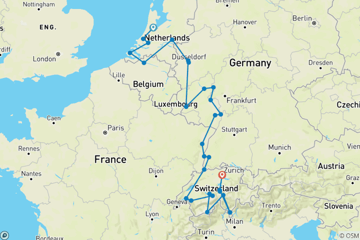 Kaart van Romantische Rijn & Moezel met Iconisch Zwitserland 2027 - 27 Dagen (van Amsterdam naar Zurich)