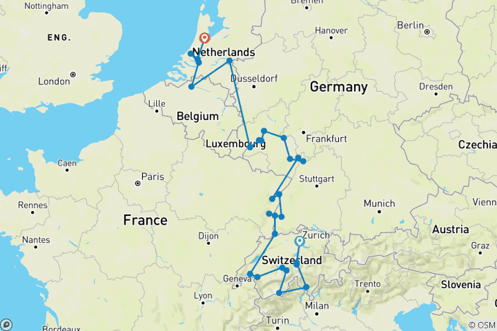 Carte du circuit Rhin et Moselle romantiques avec la Suisse emblématique 2027 - 27 jours