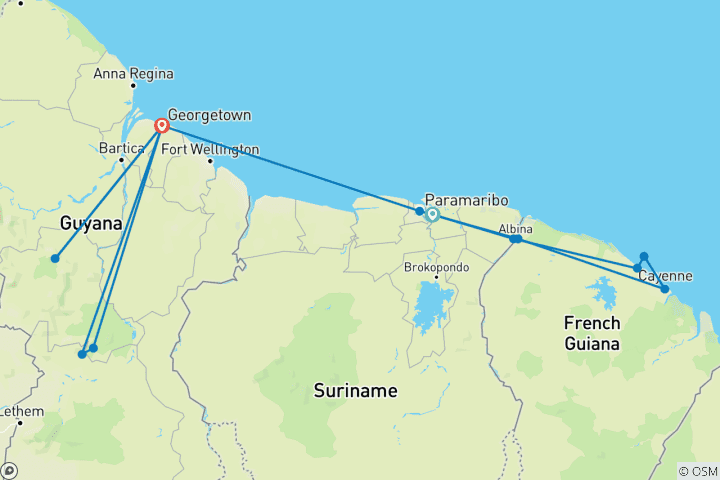 Kaart van Suriname, Frans-Guyana & Guyana Expeditie 15-daagse