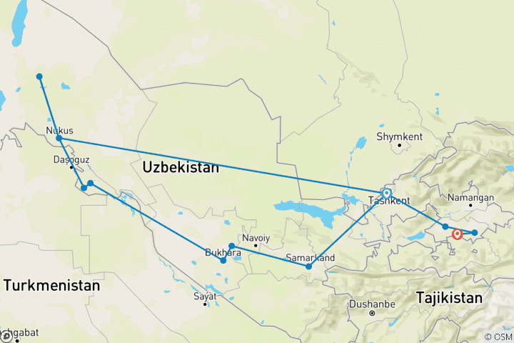 Kaart van 13 dagen rondreis Groot-Oezbekistan