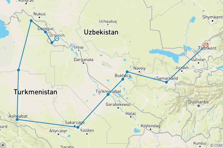 Kaart van 12 Dagen | Oezbekistan-Turkmenistan Zijderoute Avontuur