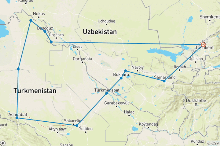 Kaart van 11-daagse rondreis door Oezbekistan & Turkmenistan