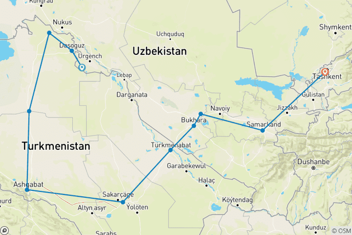 Kaart van 9 Daagse Privé Combo Tour naar Oezbekistan en Turkmenistan