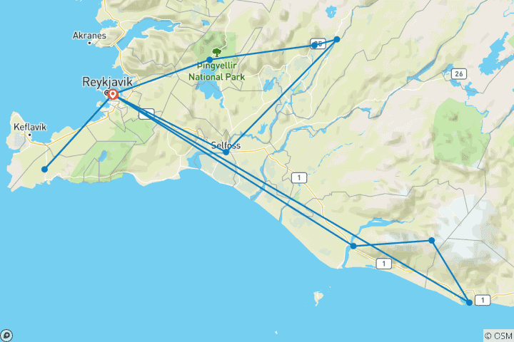 Kaart van 5-daagse stedentrip Reykjavík met Gouden Cirkel