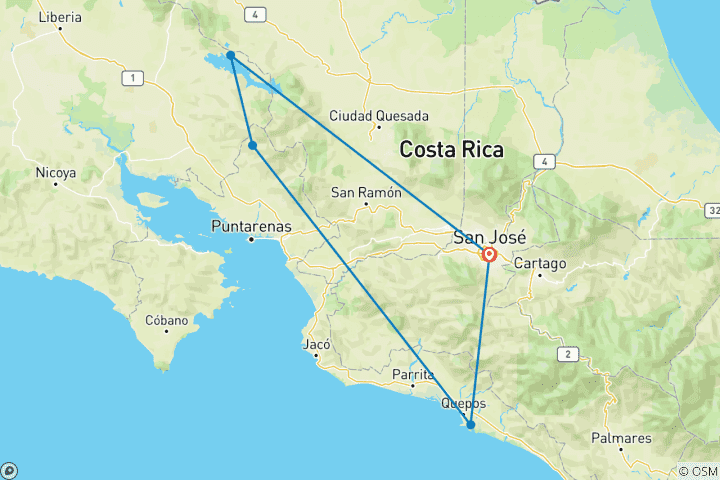 Map of Costa Rica Wildlife Adventure: Volcanoes, Cloud Forests & Pacific Coast (9 Days / 8 Nights)