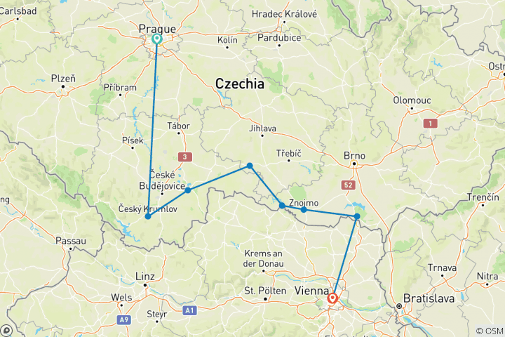 Map of Cycle Prague to Vienna