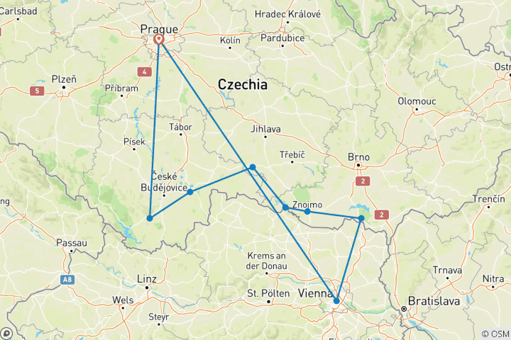 Carte du circuit Prague à Vienne à vélo - avec guide