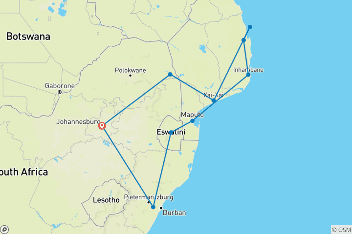Karte von Südafrika & Mosambik: Höhepunkte