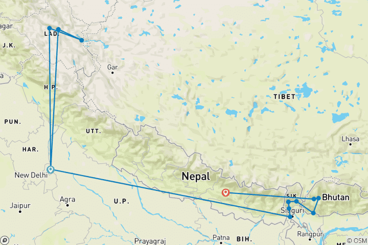 Map of India, Bhutan & Nepal Trails By G Experiences