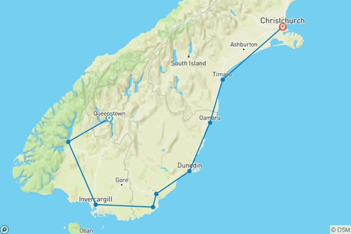 Carte du circuit Gravier du Fiordland et de la côte sud