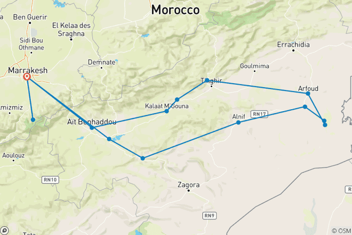 Mapa de Desde Marrakech : 8 Días de Tour Privado por el Desierto de Marruecos y las Montañas del Atlas