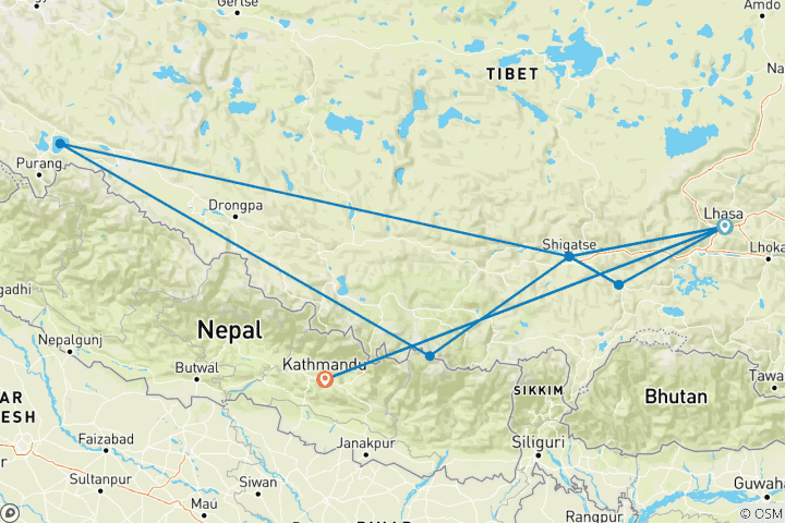 Karte von Lhasa - EBC- Manasarovar - Flug ein - Flug aus - 12 Tage
