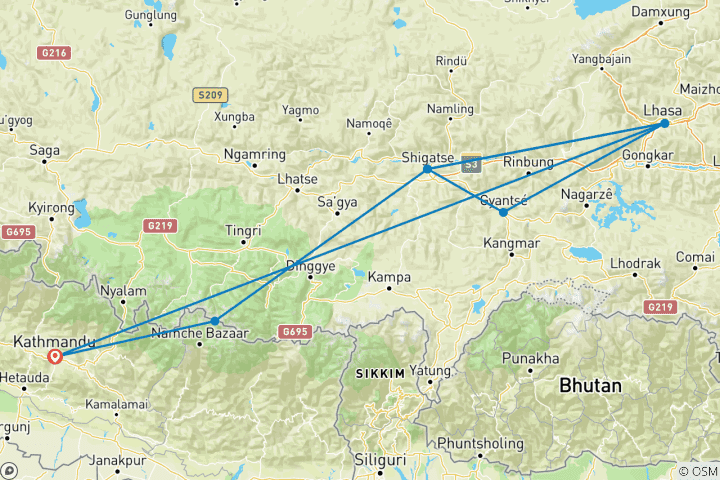 Karte von Tibet Tour mit Everest Base Camp - 9 Tage