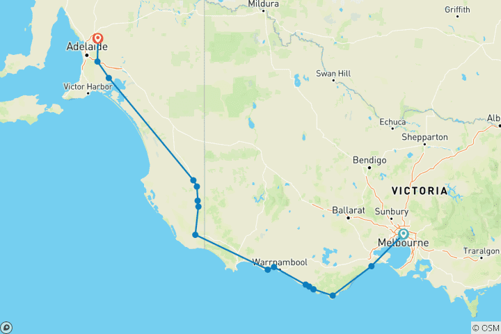 Carte du circuit De l'océan à la vigne : 5 jours sur la Great Ocean Road et dans la région de Barossa