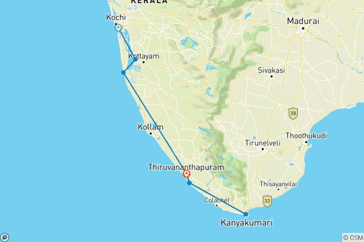 Kaart van Kerala kustroutes door G Experiences