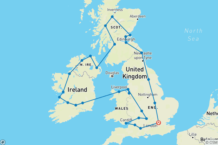 Karte von Die majestätische Tour - Inglaterra, Escocia, Irlanda y Gales