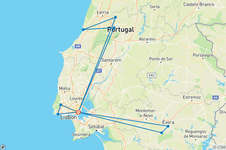 Mapa de 6 Días Descubriendo los Encantos de Lisboa: Tapas de Alfama, Vela al Atardecer y Excursiones Icónicas de un Día